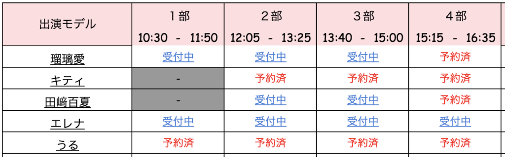 7月16日（日）浴衣撮影会 in 舞鶴公園の予約状況一覧